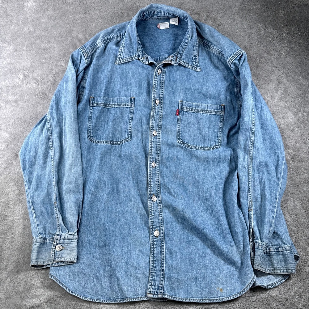 Levi's Denim Shirt Mens L Blue Denim Long Sleeve Dual Pocket Button Front Vtg